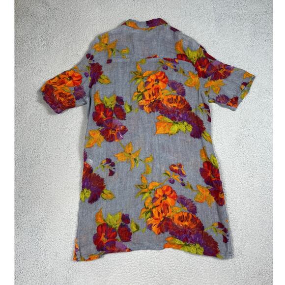 Gottex Womens Size M Linen Floral Button Up Long Tunic Top Cover Up - Picture 2 of 12